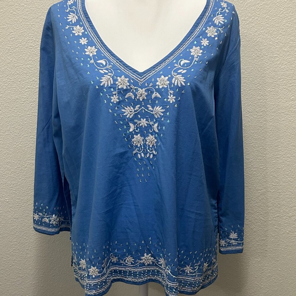 I.E. Relaxed pullover, blue with white embroidery, sequins, and beading, XL